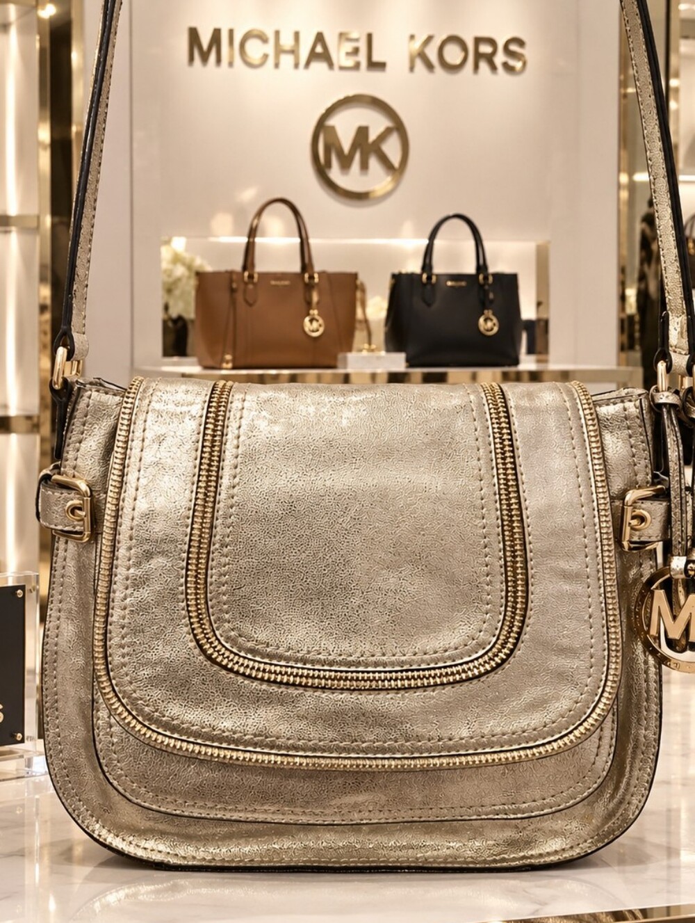 Michael Kors Metallic Gold Leather Crossbody Saddle Bag